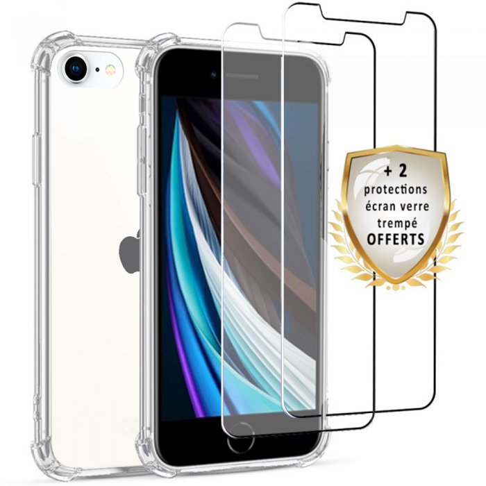 Coque iPhone SE 2020  Antichoc Silicone + 2 Vitres en verre tremp&eacute; Protection &eacute;cran