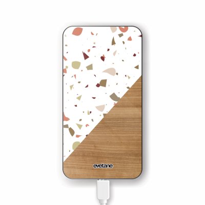 Batterie verre trempé 8000mAh Terrazzo bois Motif Ecriture Tendance Evetane