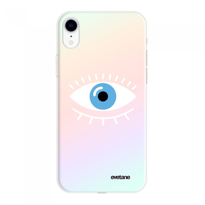 Coque iPhone Xr silicone fond holographique Oeil Bleu Design Evetane