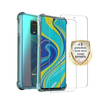 Coque Xiaomi Redmi Note 9S/Note 9 Pro/Note 9 Pro Max Antichoc Silicone + 2 Vitres en verre trempé Protection écran