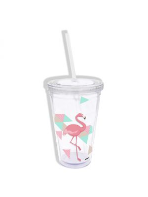 Mug transparent avec paille en plastique Flamant Rose