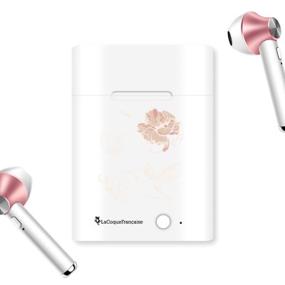 Ecouteurs Sans Fil Bluetooth Rose Gold rose gold Fleurs Blanches Ecriture Tendance et Design La Coque Francaise.