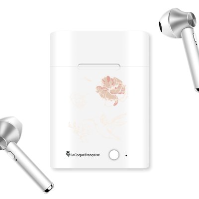 Ecouteurs Sans Fil Bluetooth Argent argent Fleurs Blanches Ecriture Tendance et Design La Coque Francaise.