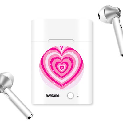 Ecouteurs Sans Fil Bluetooth Argent argent Coeur Psychédélique Rose Ecriture Tendance et Design Evetane.