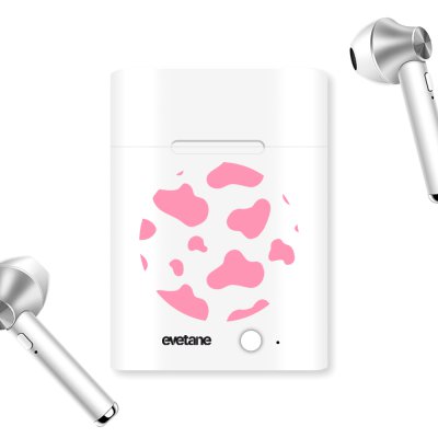 Ecouteurs Sans Fil Bluetooth Argent argent Cow print pink Ecriture Tendance et Design Evetane.