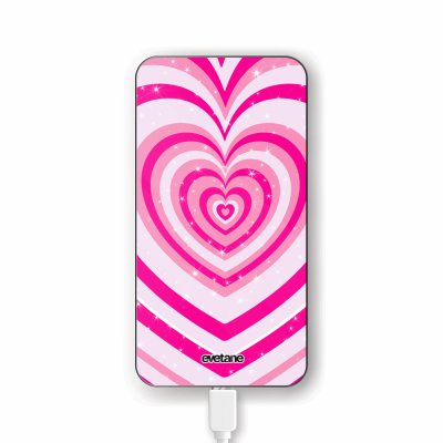 Batterie verre trempé 8000mAh Coeur Psychédélique Rose Motif Ecriture Tendance Evetane