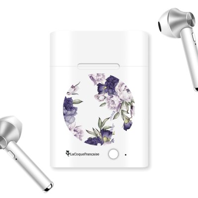 Ecouteurs Sans Fil Bluetooth Argent argent Pivoines Violettes Ecriture Tendance et Design La Coque Francaise.