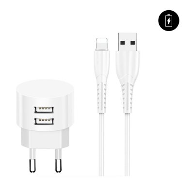 Chargeur secteur avec double port USB et câble lightning - Blanc