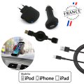 Pack charge 5en1 Mfi : chargeurs/câble USB Lightning/câble USB 30 Broches dérouleur + Support voiture universel 360