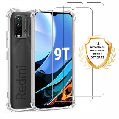 Coque Xiaomi Redmi 9T Antichoc Silicone + 2 Vitres en verre trempé Protection écran