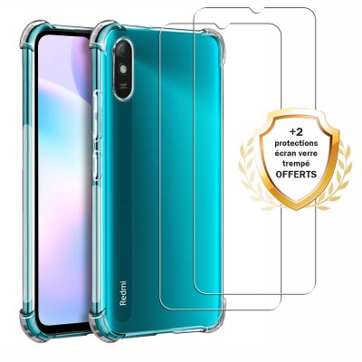 Coque Xiaomi Redmi 9A Antichoc Silicone + 2 Vitres en verre trempé Protection écran