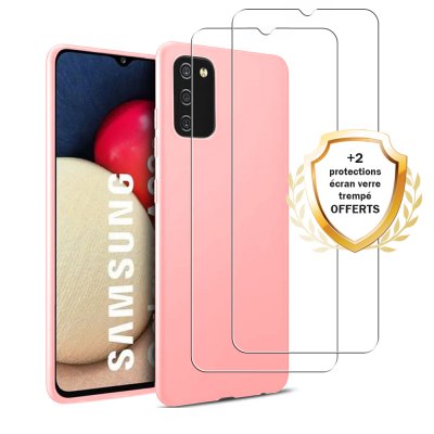 Coque Samsung Galaxy A02S Silicone liquide Rose + 2 Vitres en Verre trempé Protection écran Antichocs