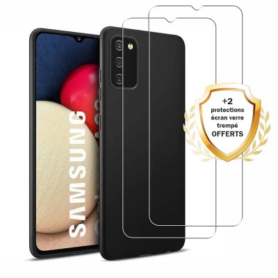 Coque Samsung Galaxy A02S Silicone liquide Noire + 2 Vitres en Verre trempé Protection écran Antichocs