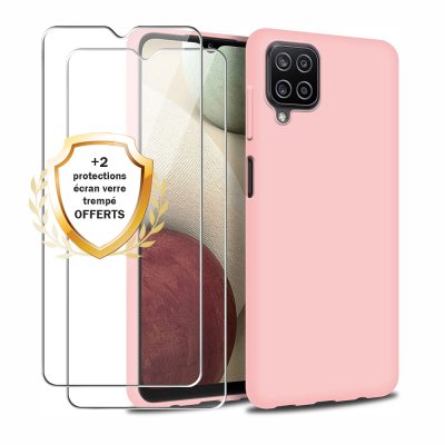 Coque Samsung Galaxy A12 Silicone liquide Rose + 2 Vitres en Verre trempé Protection écran Antichocs