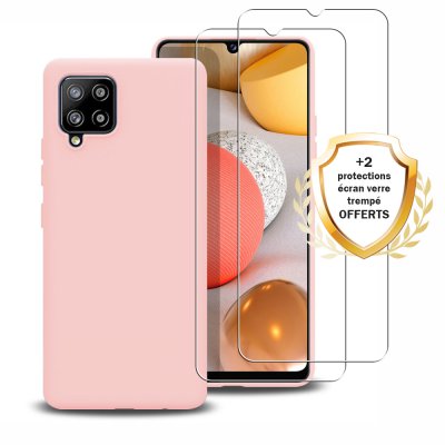 Coque Samsung Galaxy A42 Silicone liquide Rose + 2 Vitres en Verre trempé Protection écran Antichocs