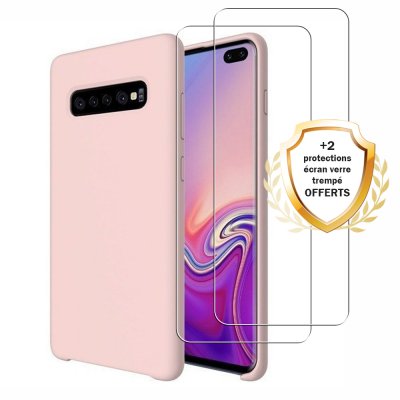 Coque Samsung Galaxy S10 Silicone liquide Rose + 2 Vitres en Verre trempé Protection écran Antichocs