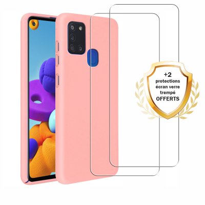 Coque Samsung Galaxy A21S Silicone liquide Rose + 2 Vitres en Verre trempé Protection écran Antichocs