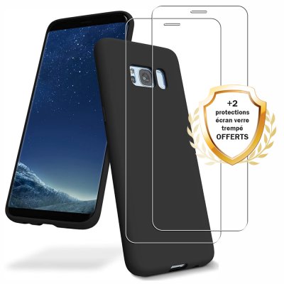 Coque Samsung Galaxy S8 Silicone liquide Noire + 2 Vitres en Verre trempé Protection écran Antichocs