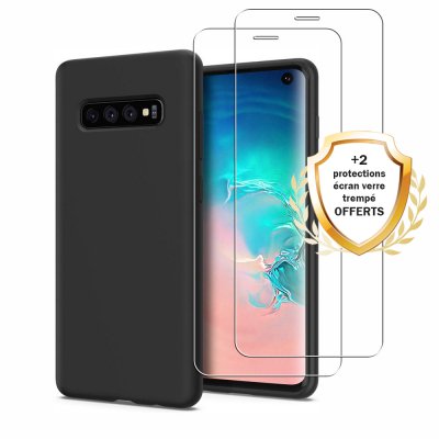  Coque Samsung Galaxy S10 Silicone liquide Noire + 2 Vitres en Verre trempé Protection écran Antichocs