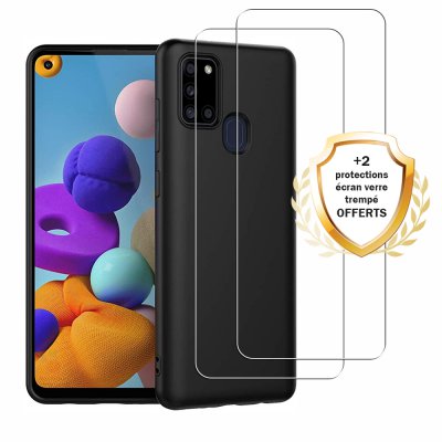  Coque Samsung Galaxy A21S Silicone liquide Noire + 2 Vitres en Verre trempé Protection écran Antichocs