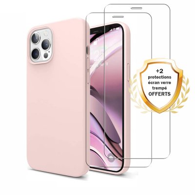  Coque iPhone 12 Pro Max Silicone liquide Rose + 2 Vitres en Verre trempé Protection écran Antichocs