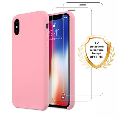 Coque iPhone X/XS Silicone liquide Rose + 2 Vitres en Verre trempé Protection écran Antichocs