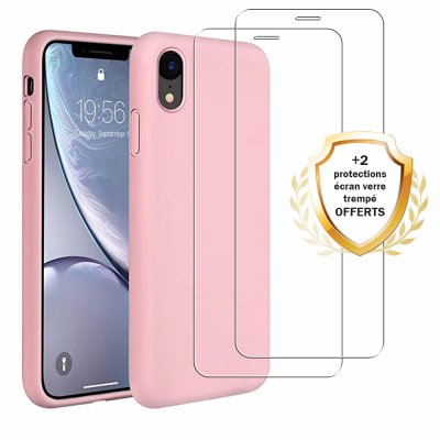  Coque iPhone XR Silicone liquide Rose + 2 Vitres en Verre trempé Protection écran Antichocs