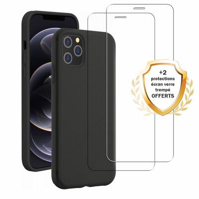  Coque iPhone 12 Pro Max Silicone liquide Noire + 2 Vitres en Verre trempé Protection écran Antichocs