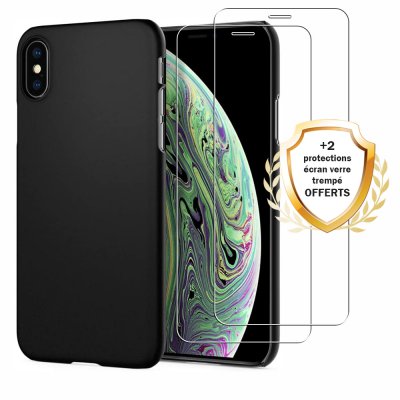 Coque iPhone X/XS Silicone liquide Noire + 2 Vitres en Verre trempé Protection écran Antichocs