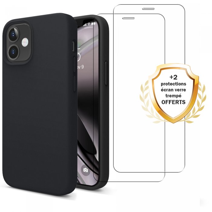 Coque iPhone 12 Mini Silicone liquide Noire + 2 Vitres en Verre trempé Protection  écran Antichocs - Coquediscount