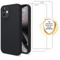 Coque iPhone 12 Mini Silicone liquide Noire + 2 Vitres en Verre trempé Protection écran Antichocs