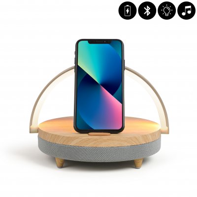 Enceinte Bluetooth 5W LED avec  chargeur induction rapide - Bois et Gris