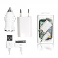 3 en 1 pack Chargeur de voyage et de voiture blanc pour iPhone 3G/3GS, iPhone 4/4S et iPad 