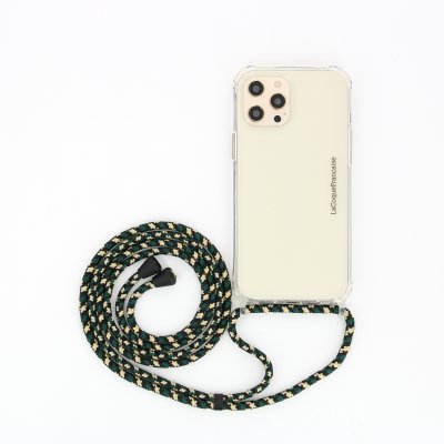 Lanière cordon en coton tressée avec embout en métal noir mat, coloris noir, vert et beige