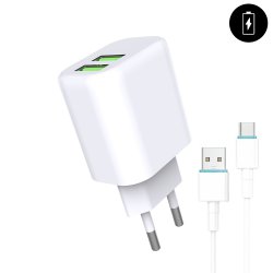 Chargeur secteur 2x USB 2,4A + cable USB-C - USB - Blanc