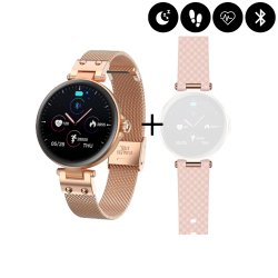 Montre connectée Bluetooth avec podomètre, mesure de distance,calories, thermomètre, multisports - Rose Gold avec bracelet offert