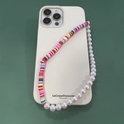 Bijoux de téléphone LOUNA à accrocher à votre coque perles blanches et multicolores - longueur 35 cm