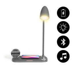 Lampe LED 3 en 1 : chargeur à induction , lampe LED et enceinte Bluetooth 5w Grise