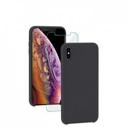 Coque Silicone Liquide noir avec vitre de protection en verre trempé pour iPhone X/XS