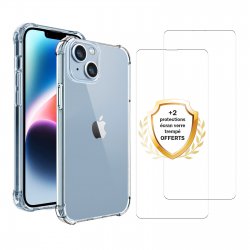 Coque iPhone 14 Plus Antichoc Silicone bords renforcés + 2 Vitres en verre trempé Protection écran