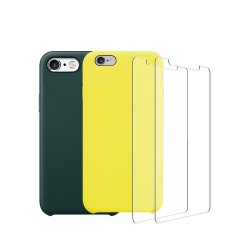 Lot 2 Coques iPhone 6/6S silicone liquide Vert Forêt et Jaune Fluo + 2 vitres en verre trempé de protection