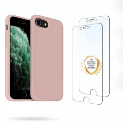 Coque iPhone 7/8/SE 2020 Silicone liquide Rose + 2 Vitres en Verre trempé Protection écran Antichocs