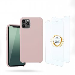 Coque iPhone 11 Pro Max Silicone liquide Rose + 2 Vitres en Verre trempé Protection écran Antichocs