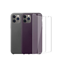 Lot 2 Coques iPhone 11 Pro silicone liquide Gris et Aubergine + 2 vitres en verre trempé de protection