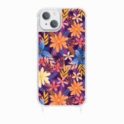 Coque iPhone 13 avec anneau glossy transparente Fleurs violettes et oranges Design La Coque Francaise.