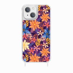 Coque iPhone 13 Mini avec anneau glossy transparente Fleurs violettes et oranges Design La Coque Francaise.