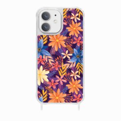 Coque iPhone 12 Mini avec anneau glossy transparente Fleurs violettes et oranges Design La Coque Francaise.