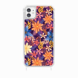 Coque iPhone 11 avec anneau glossy transparente Fleurs violettes et oranges Design La Coque Francaise.