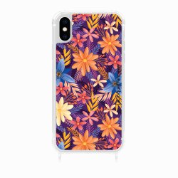 Coque iPhone Xs max avec anneau glossy transparente Fleurs violettes et oranges Design La Coque Francaise.