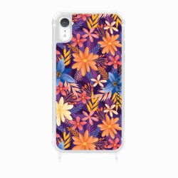 Coque iPhone XR avec anneau glossy transparente Fleurs violettes et oranges Design La Coque Francaise.